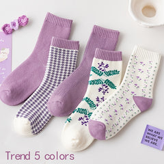 Floral Print Mid Tube Socks 5 Pairs