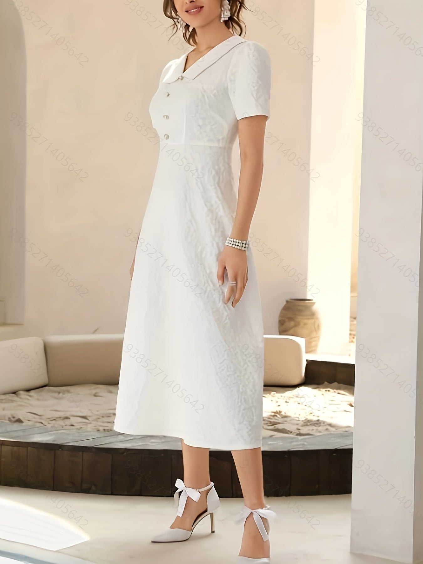 Solid High Waist V Neck Midi Dress Short Sleeve