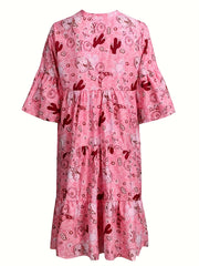 Graphic Print Bell Sleeve Mini Smock Dress