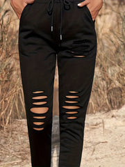 Solid Ripped Drawstring Casual Pants