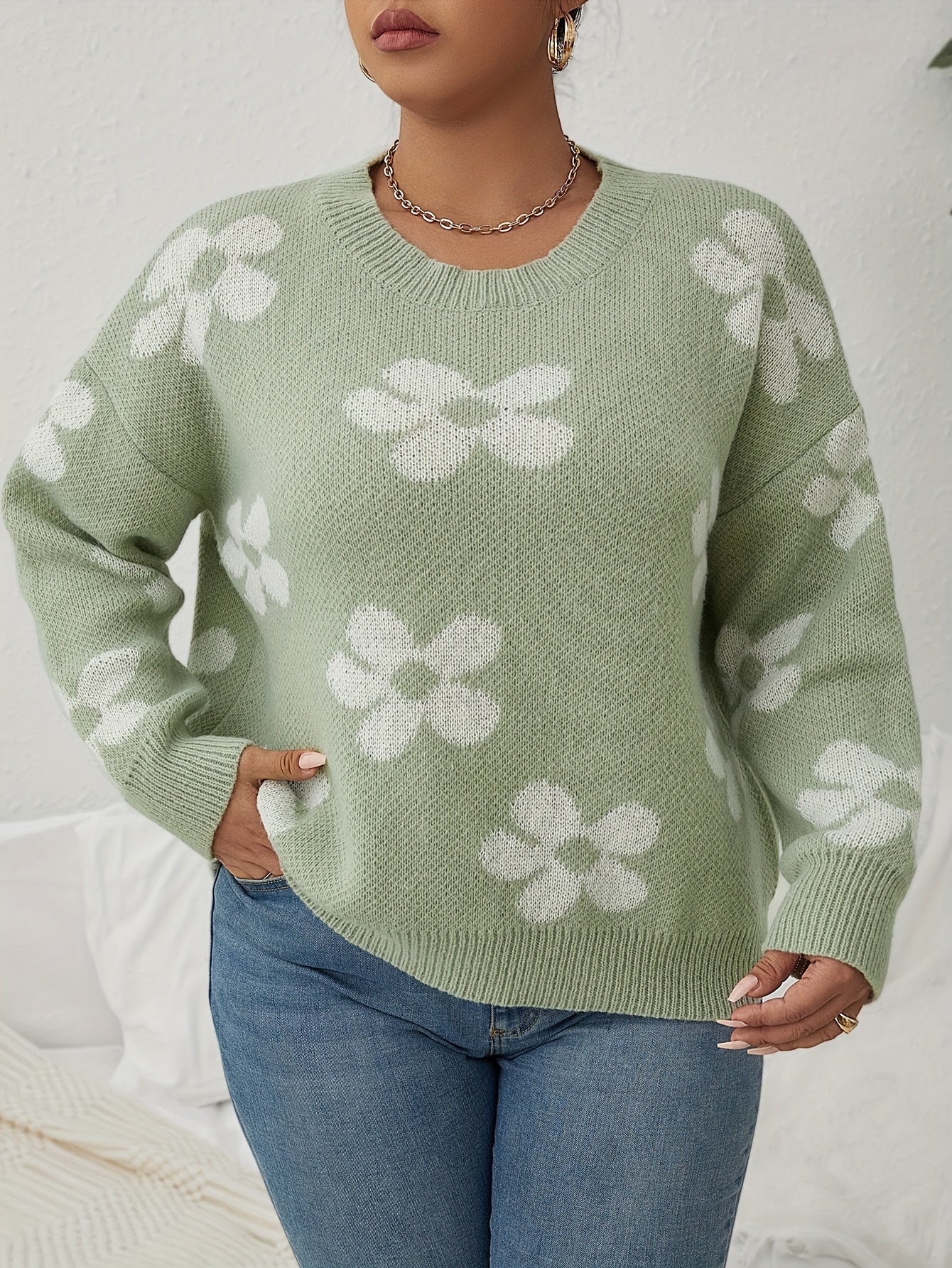 Floral Pattern Sweater Long Sleeve Round Neck Pullover