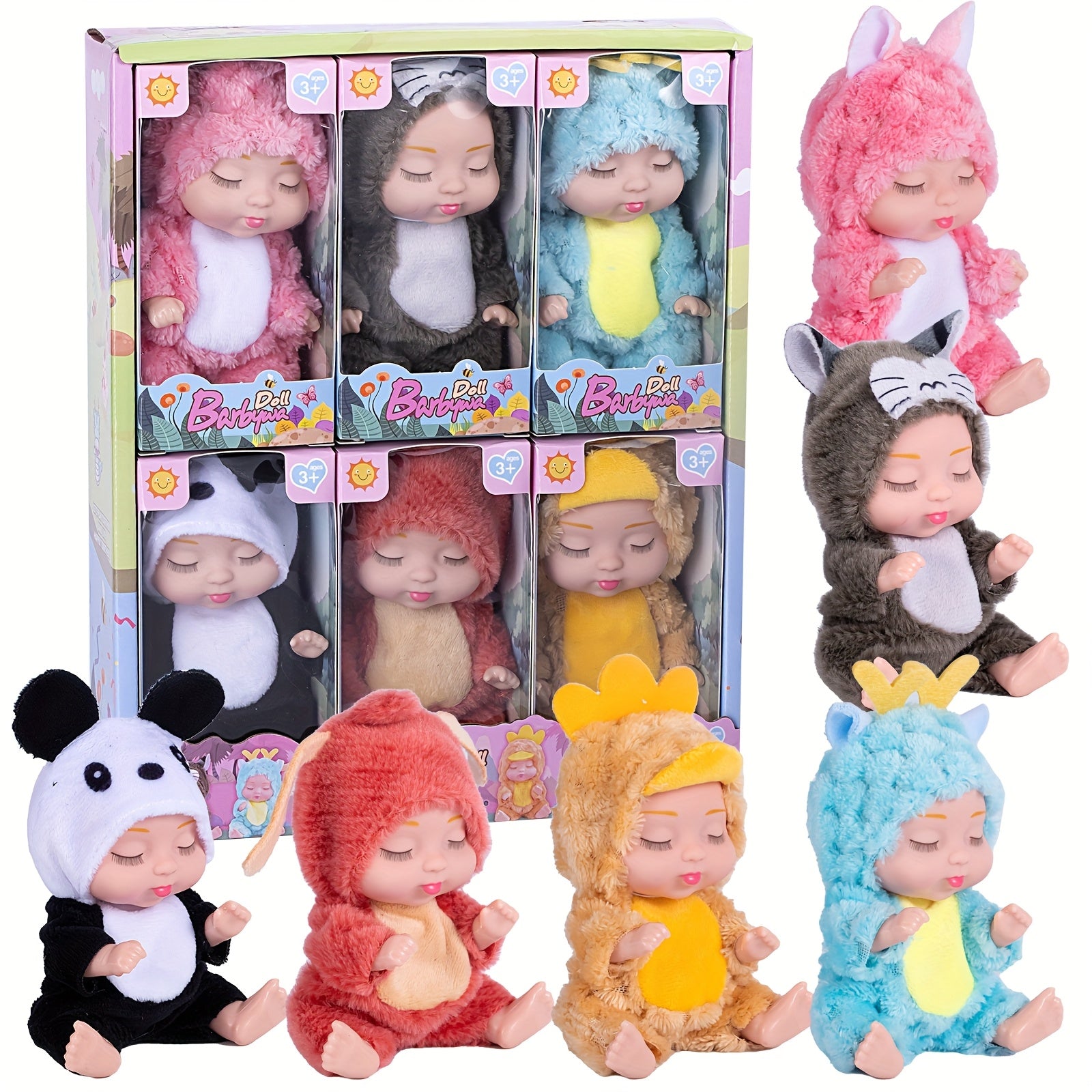 6pcs Animal Costume Dolls 12 Realistic PVC Toys in Red & Yellow Pink
