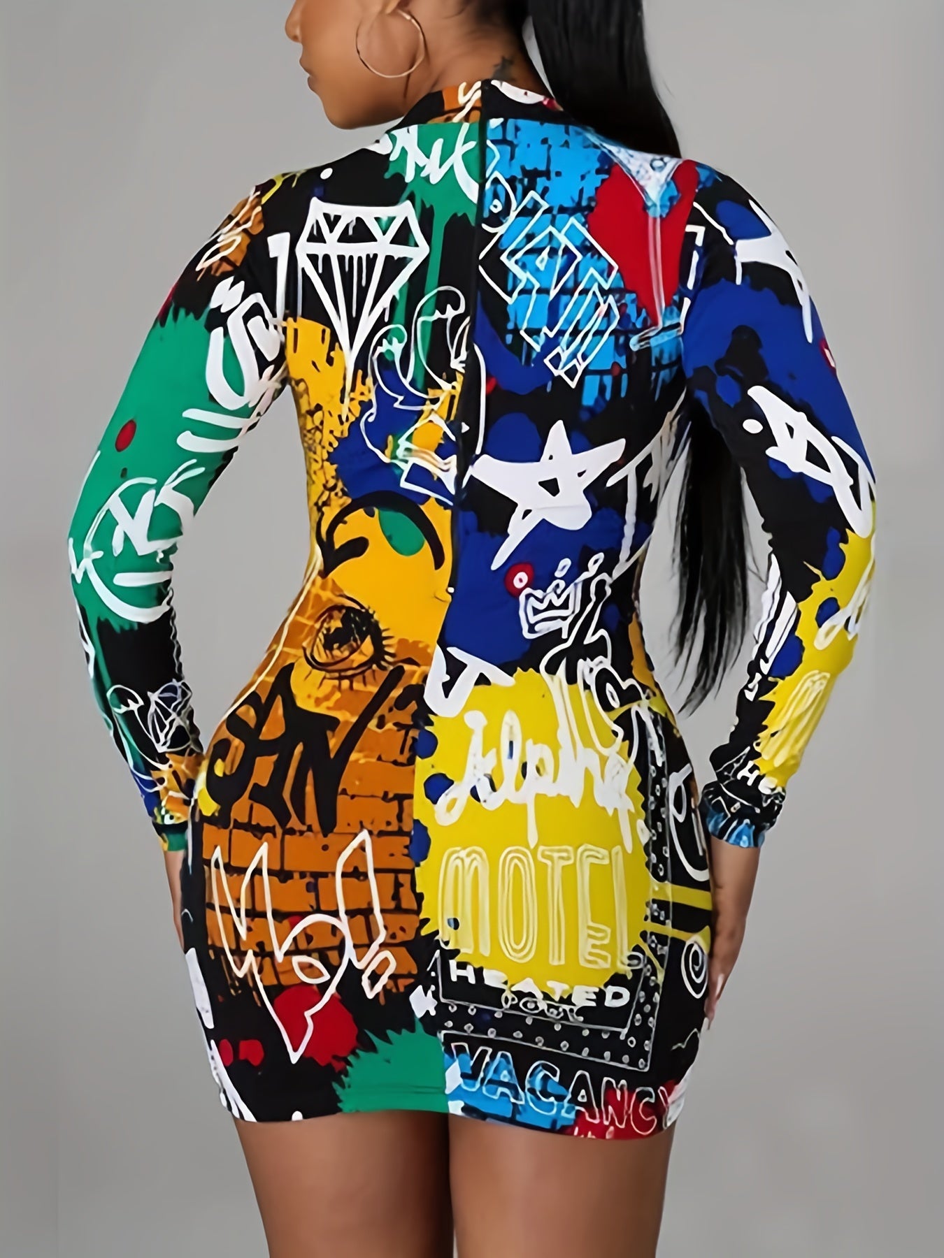 Graffiti Print Long Sleeve Casual Dress