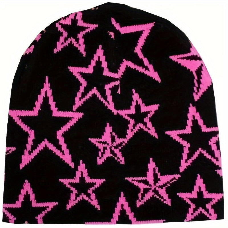 Y2K Beanie Wool Pullover Hat with Alphabet Stars Jacquard