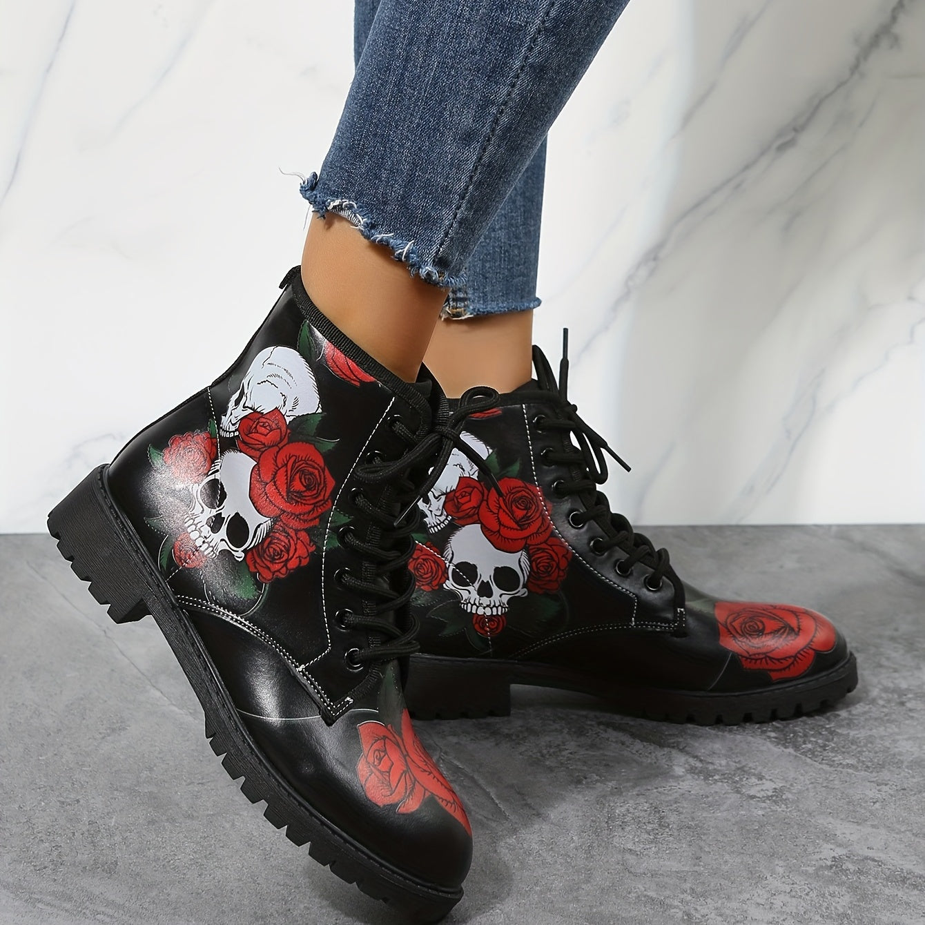 Women's Rose & Skull Print Short Boots Lace Up Ankle Boots