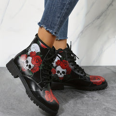 Women's Rose & Skull Print Short Boots Lace Up Ankle Boots