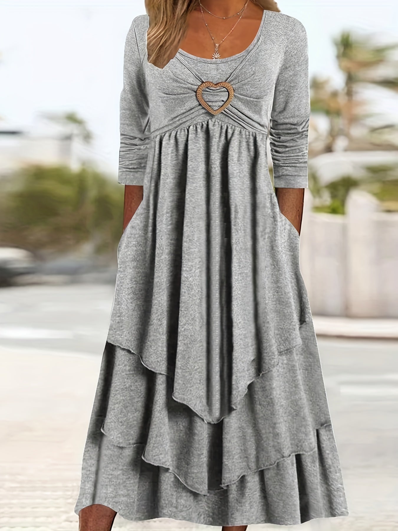 Long Sleeve Heart Ring Round Neck Maxi Dress