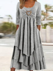 Long Sleeve Heart Ring Round Neck Maxi Dress