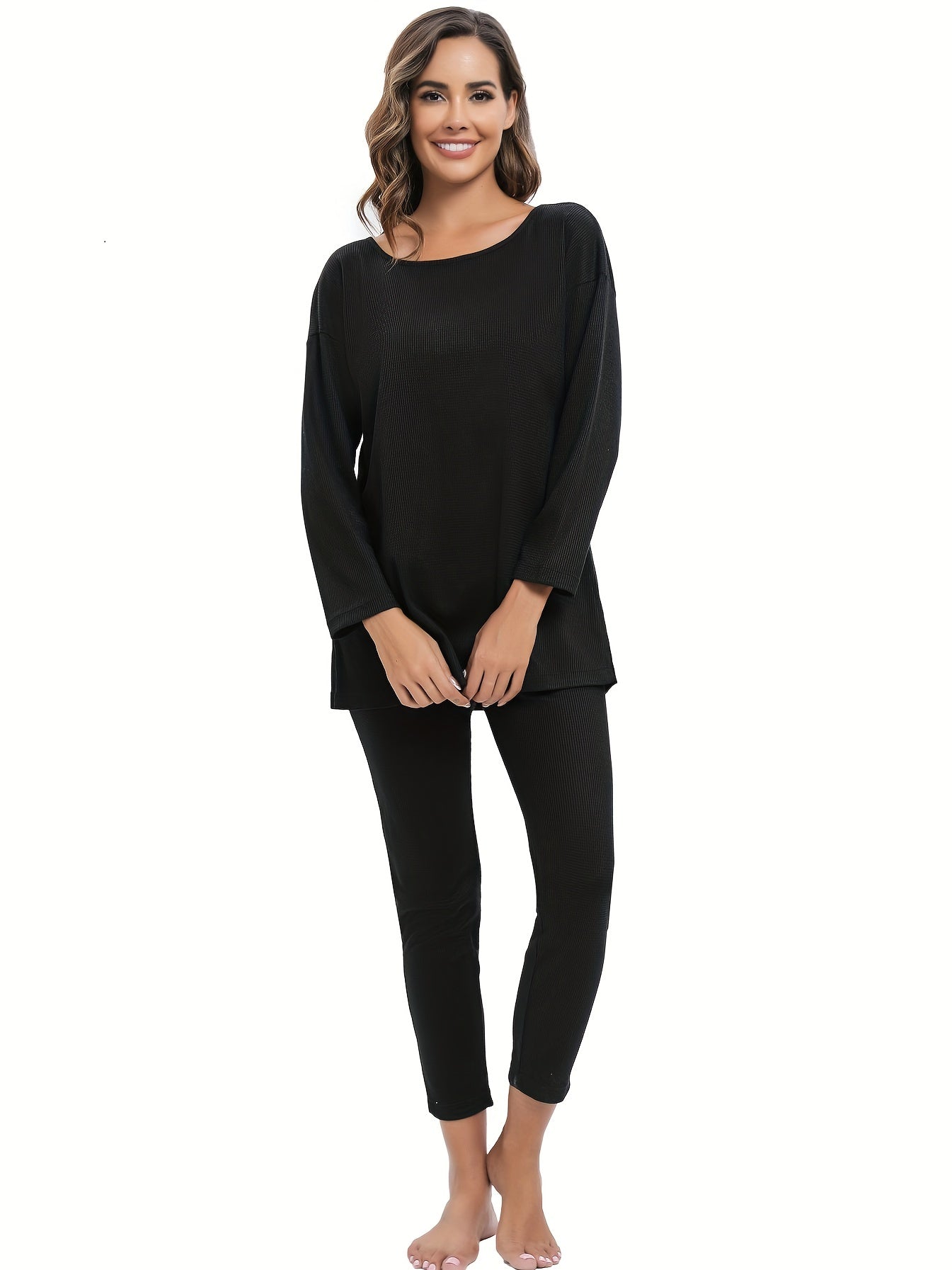 Women's Solid Lounge Set Long Sleeve Crew Neck Top & Pants
