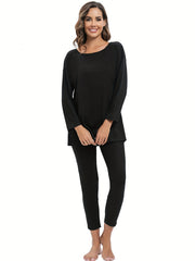 Women's Solid Lounge Set Long Sleeve Crew Neck Top & Pants