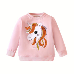 Girls Sequins Unicorn Print Crew Neck Sweatshirt Top Pullovers