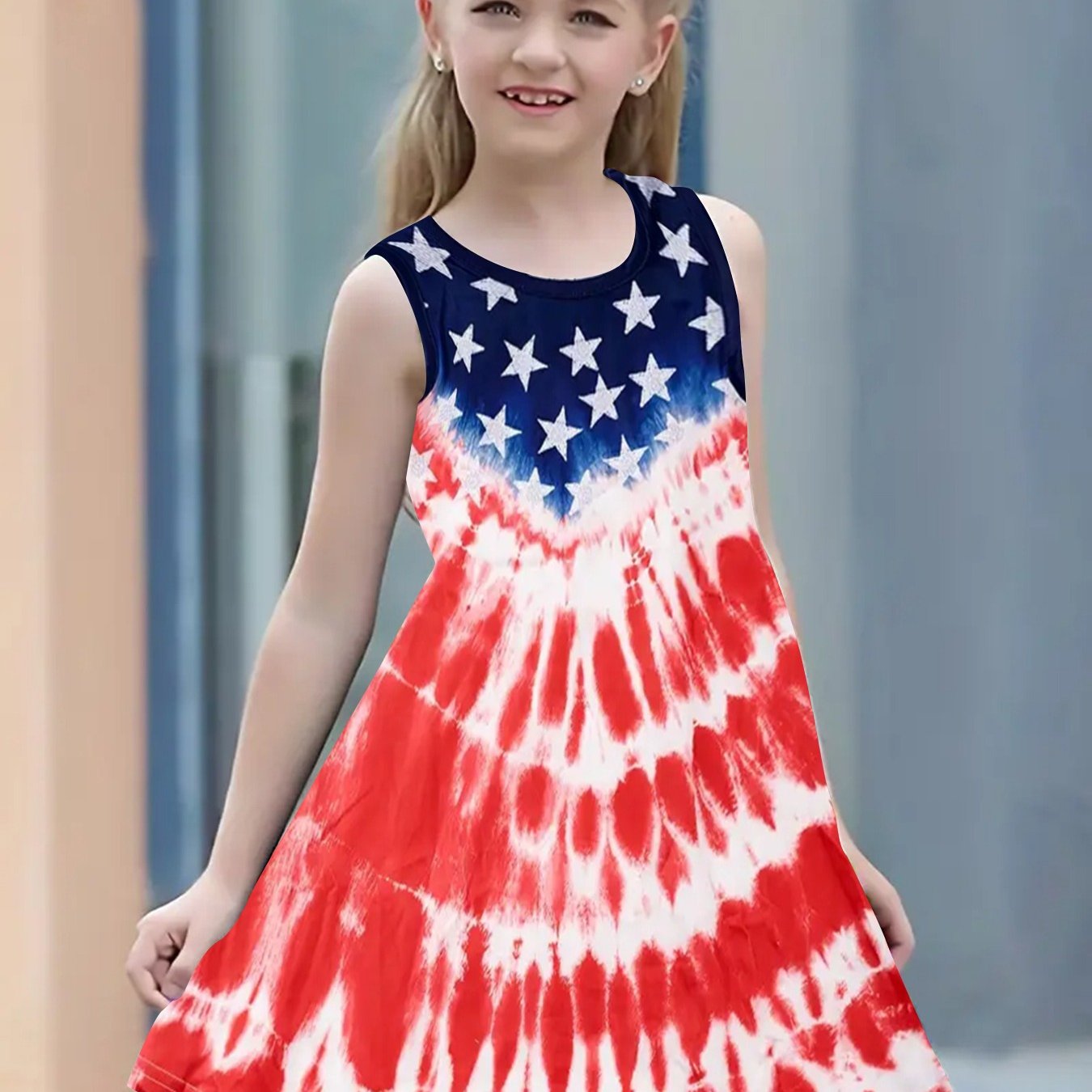 Girls American Flag Sleeveless Dress for Summer Independence Gift