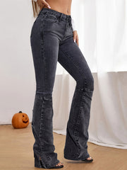 High Rise Cut Off Washed Grey Bootcut Jeans