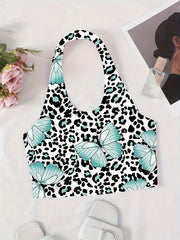 Butterfly Print Halter Top Sexy Backless Leopard Top