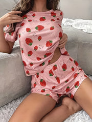 Strawberry Print Pajamas Set Short Sleeve Crew Neck Top & Shorts