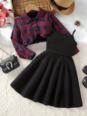 Girls A-line Dress & Plaid Shirt Set Kids Summer Clothes
