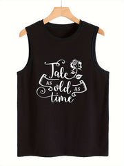 Letter Rose Print Tank Top Crew Neck Sleeveless Summer Top