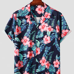 Flower & Leaf Print Casual Hawaiian Shirt Men s Short Sleeve Top