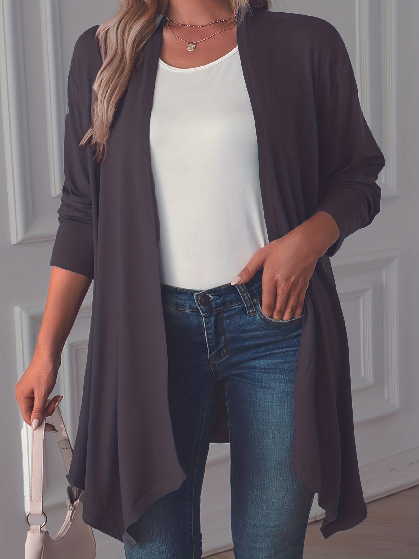 Casual Cardigan Women's Plus Solid Long Sleeve Open Front