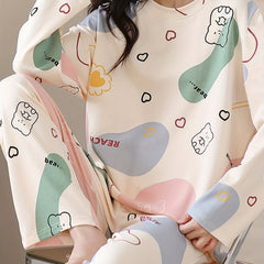 Bear Print Pajama Set Long Sleeve Crew Neck Top & Pants