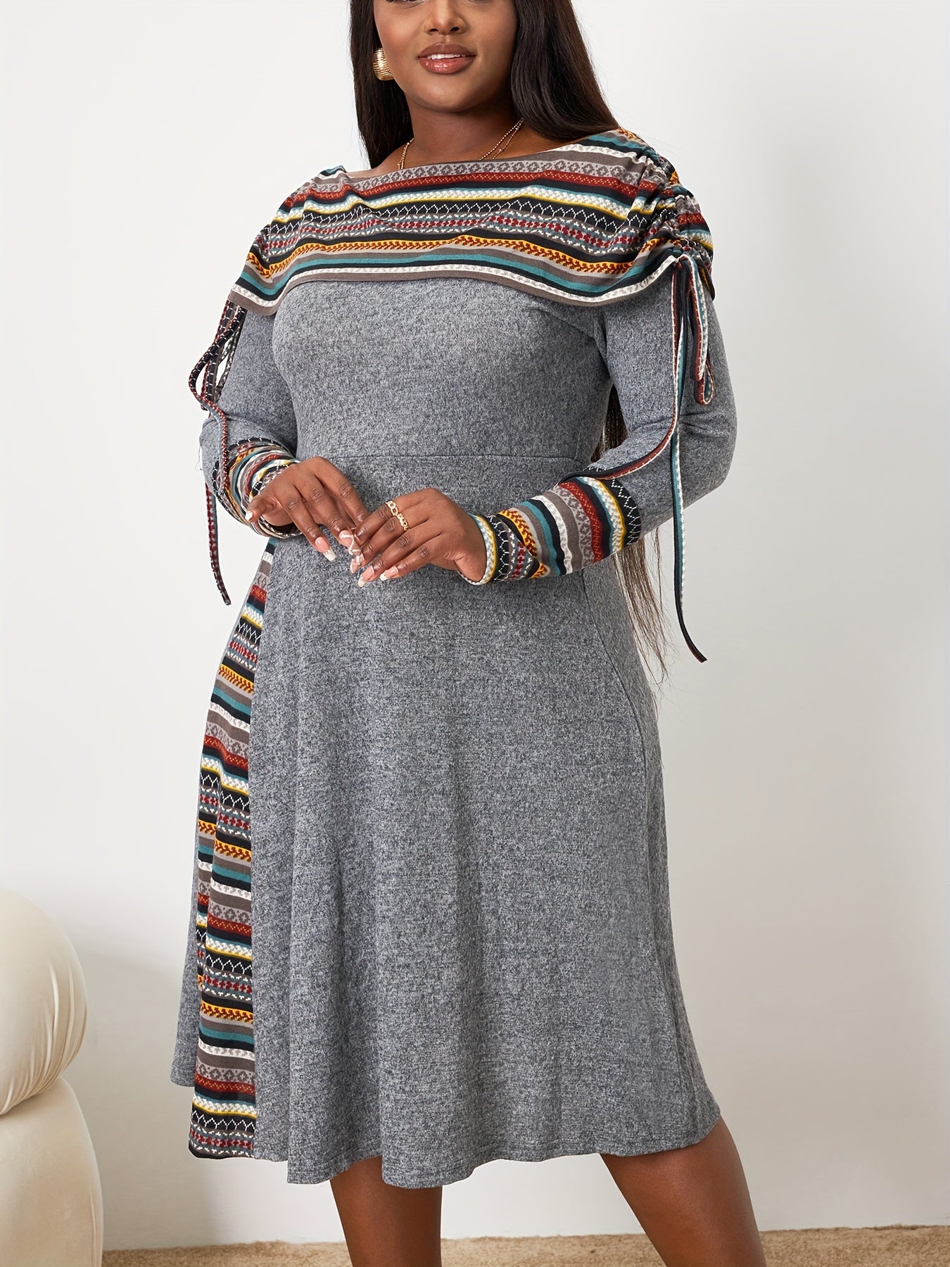 Boho Plus Geometric Print Drawstring Ruched Dress