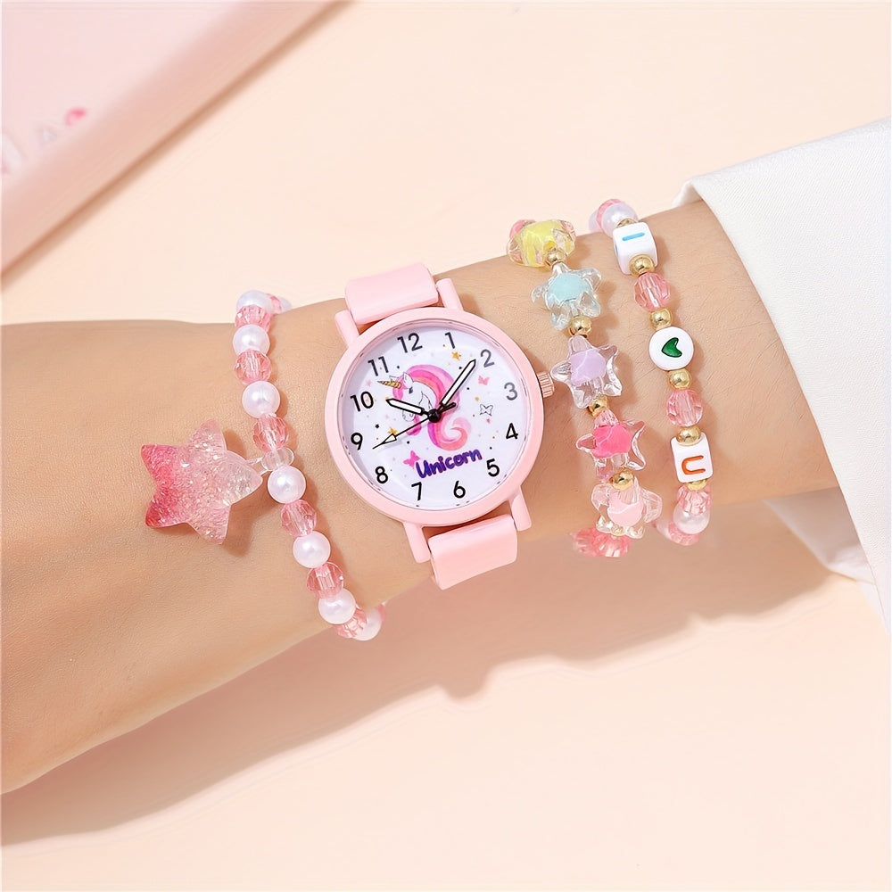 Pink Unicorn Watch And 3pcs Bracelet Set - DIY Random Design