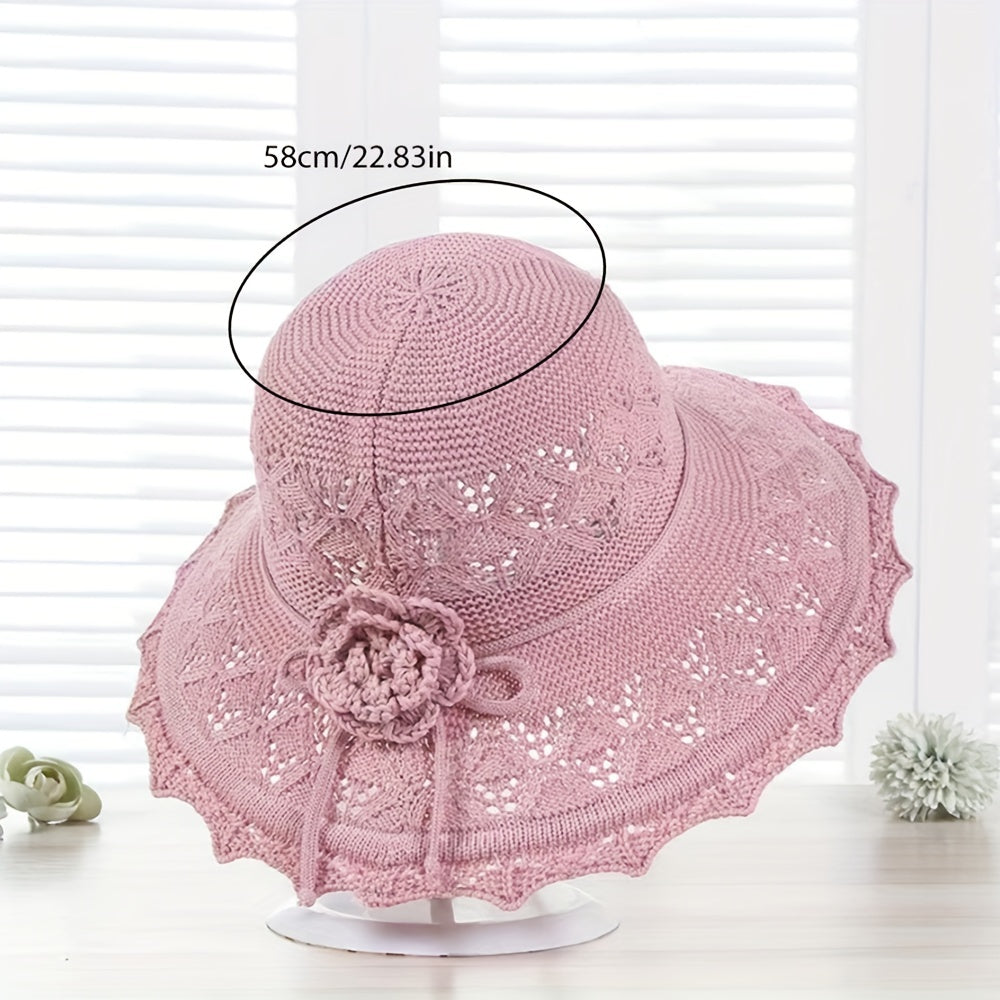 Gray Knitted Flower Sun Hat Hollow Breathable Foldable Bucket Hat UV Protection