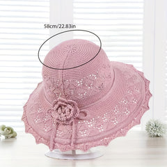 Gray Knitted Flower Sun Hat Hollow Breathable Foldable Bucket Hat UV Protection