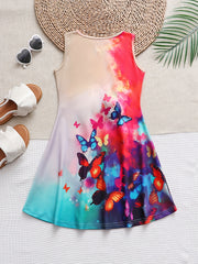 Girls Tie Dye Butterfly Print Sleeveless Dress