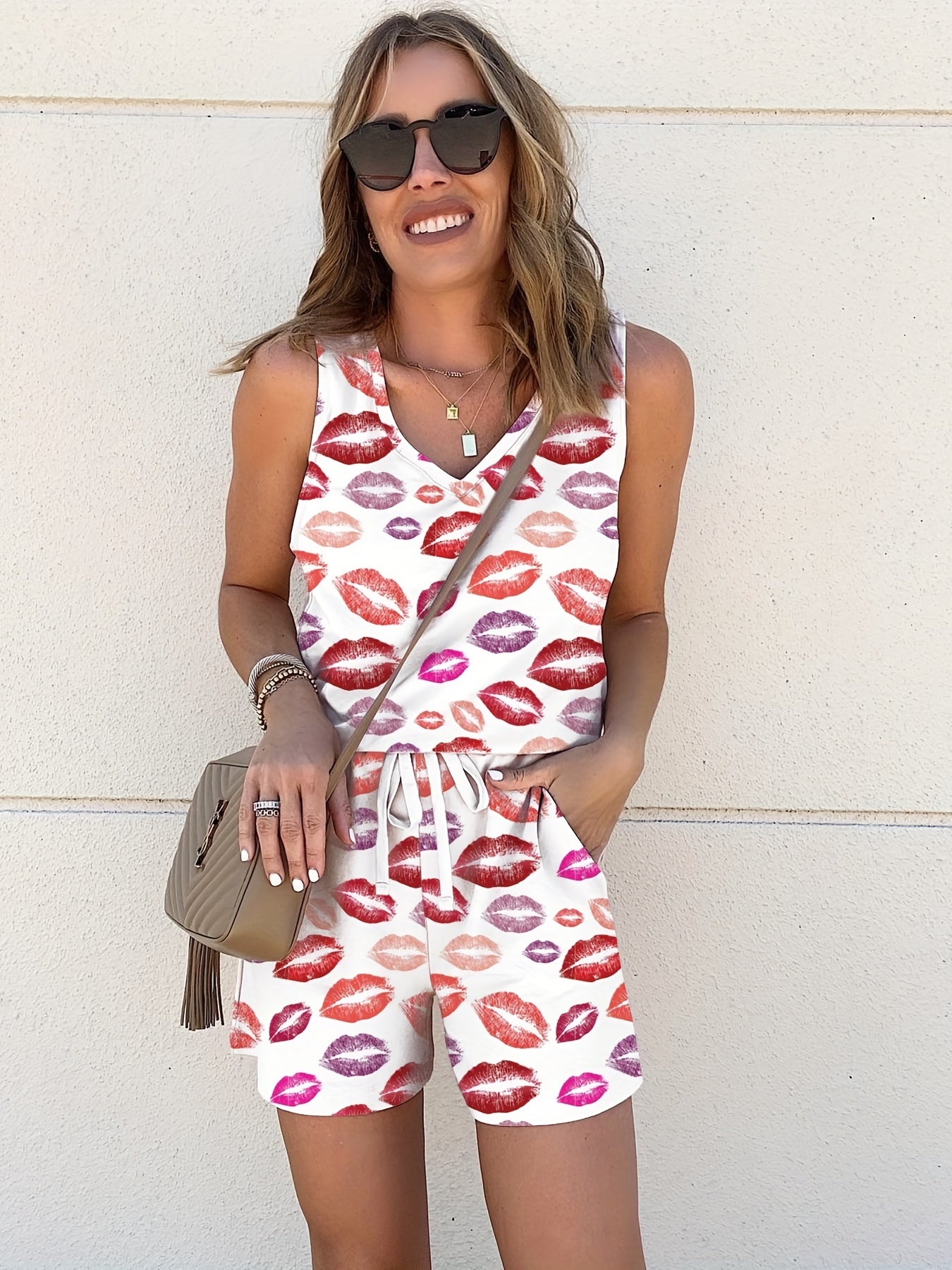 Lips Print Casual Two piece Set Tank Top & Shorts Outfits Women