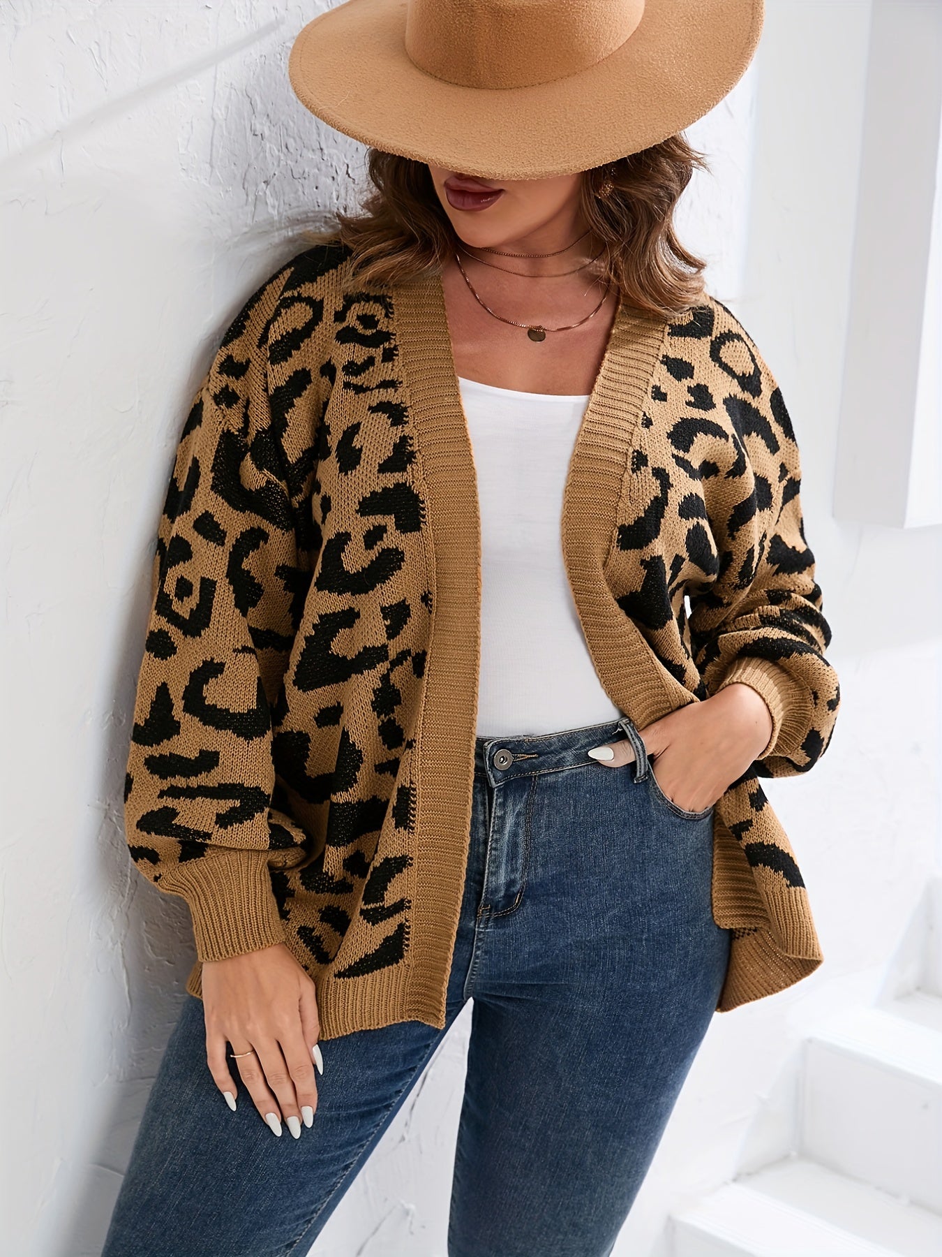 Leopard Print Long Sleeve Cardigan Plus Size Casual Sweater