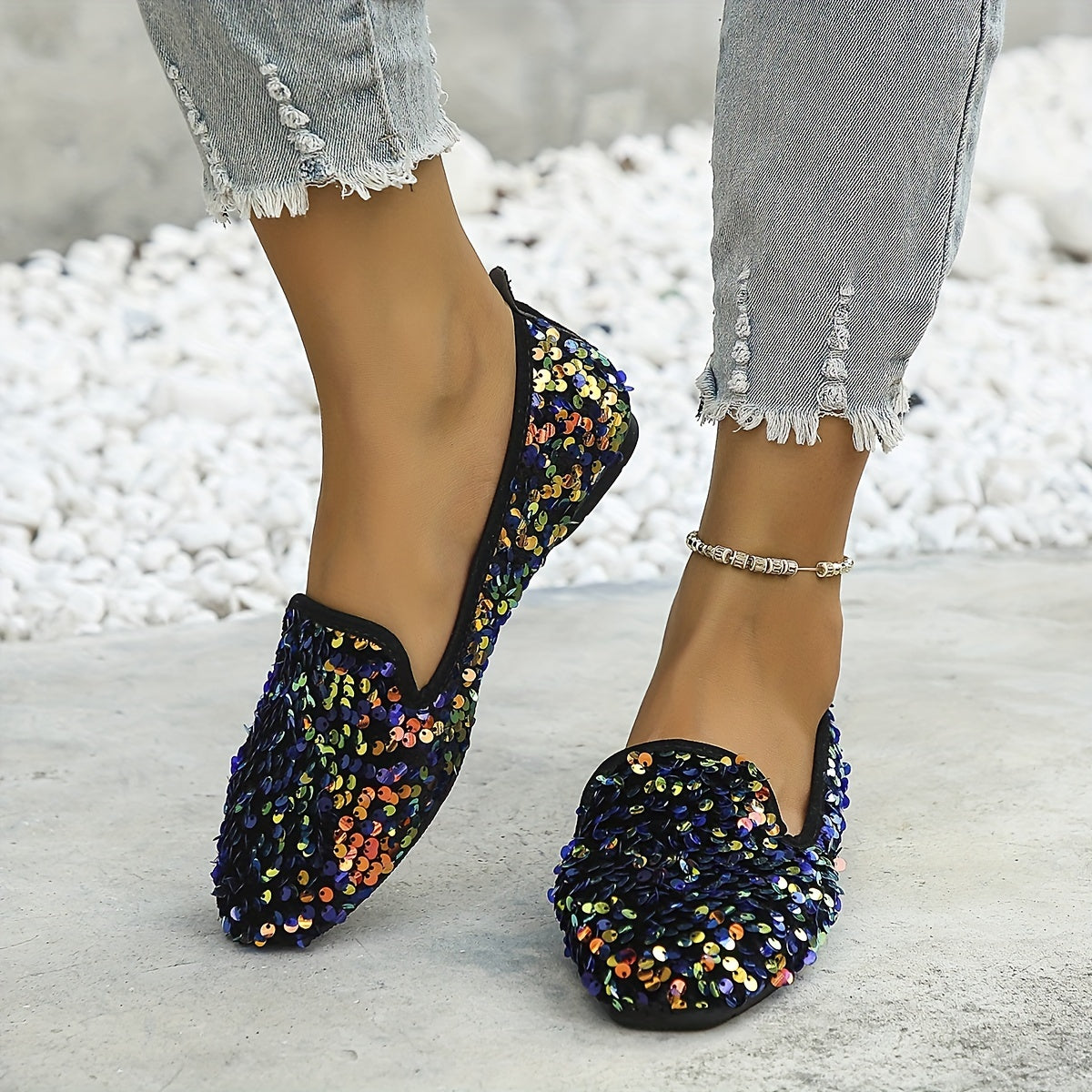 Sequins Flat Shoes Square Toe Soft Sole Ballet Flats