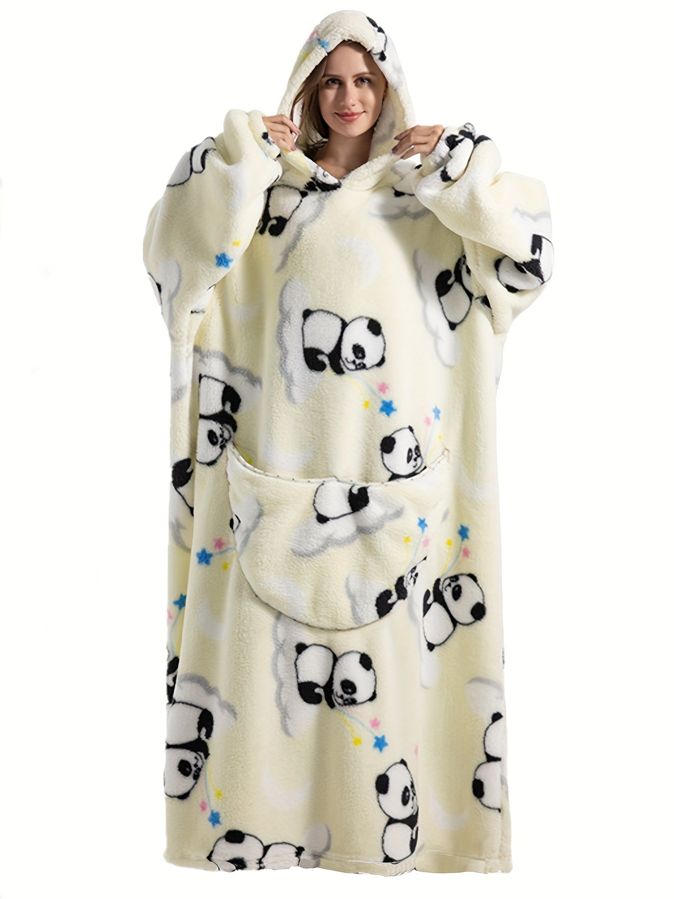Panda Pattern Flannel Fleece Oversized Sherpa Hooded Wearable Blanket