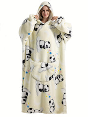 Panda Pattern Flannel Fleece Oversized Sherpa Hooded Wearable Blanket