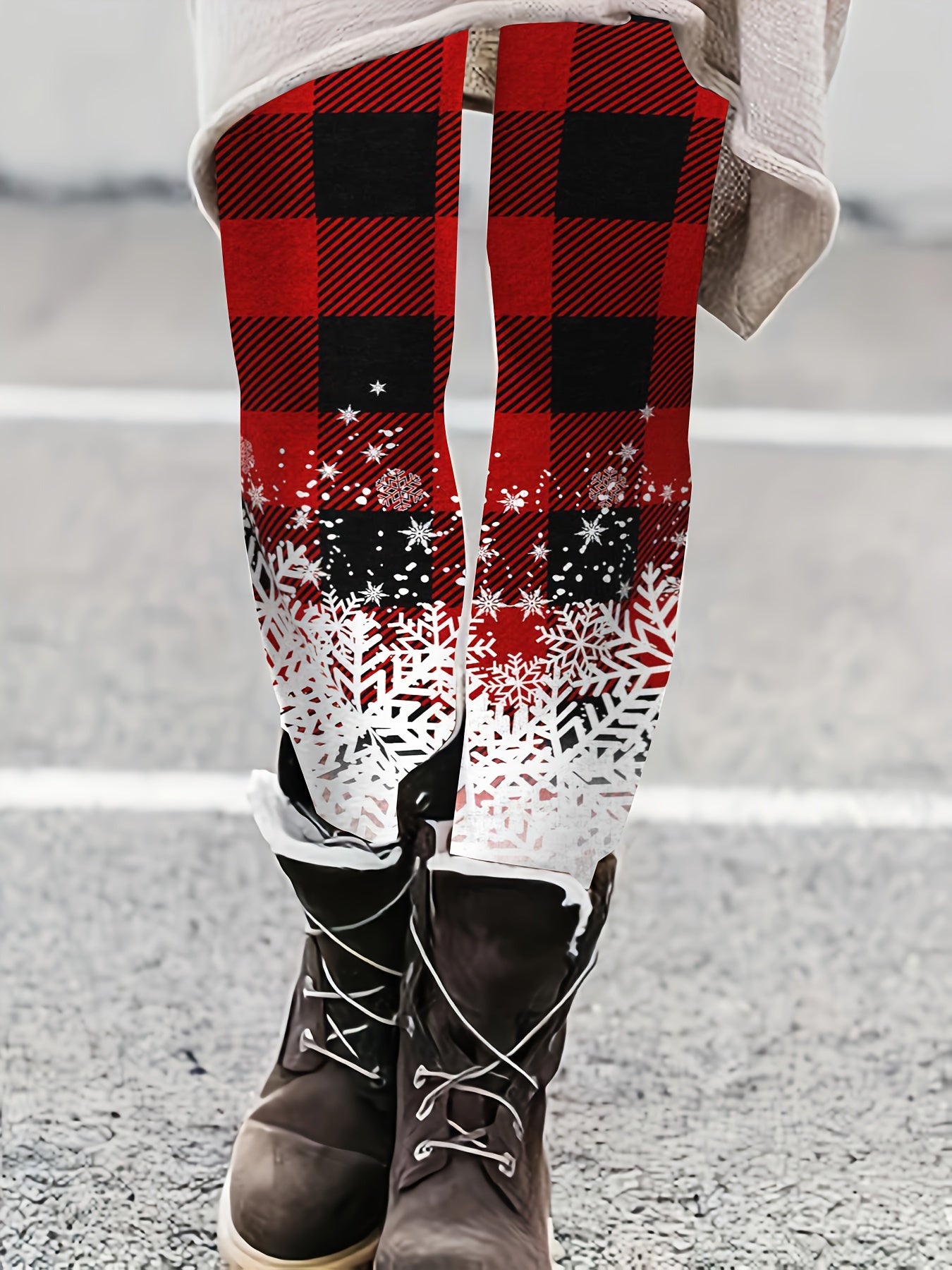 Christmas Leggings Women's Snowflake & Plaid Print Leggings