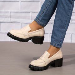 Chunky Heeled Loafers Round Toe PU Leather Shoes
