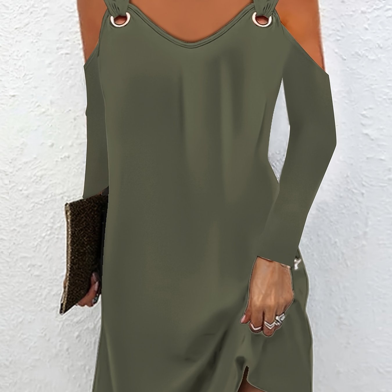 Solid Grommet Cold Shoulder Long Sleeve Dress
