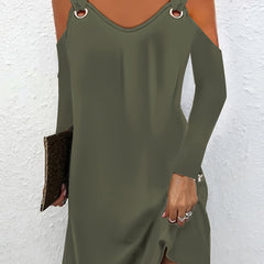 Solid Grommet Cold Shoulder Long Sleeve Dress