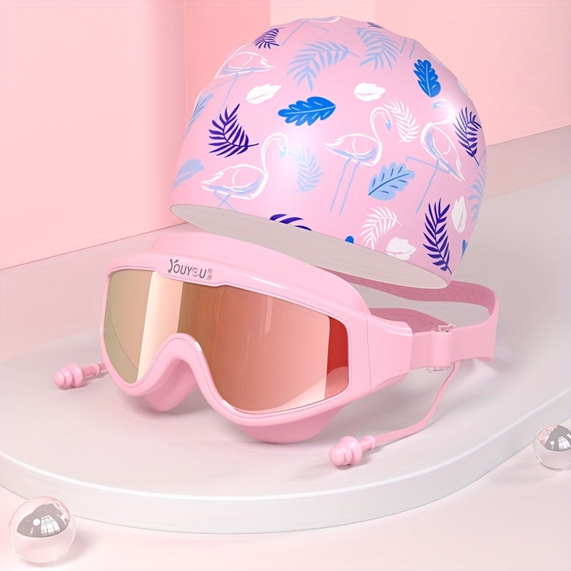 Animal Print Swimming Glasses Set with Swim Cap - Anti-fog Goggles and Hat Combo