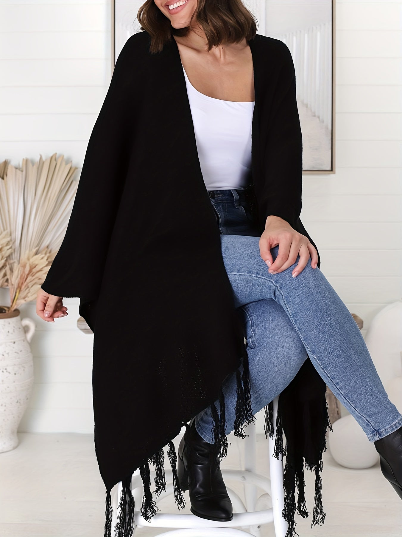Fringe Trim Open Front Cardigan