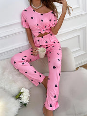 Heart Print Pink Pajamas Set Short Sleeve Top & Elastic Waistband Pants