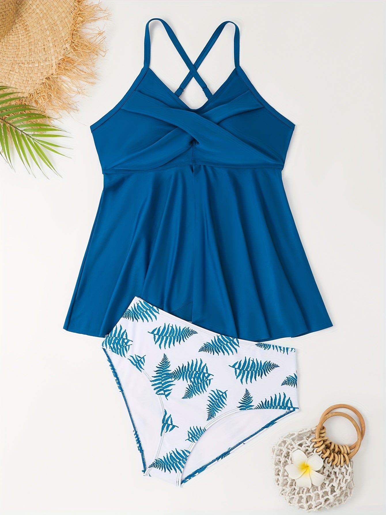 Solid V Neck Crisscross Back Cami Top & Leaf Print Panty Swimsuit Set