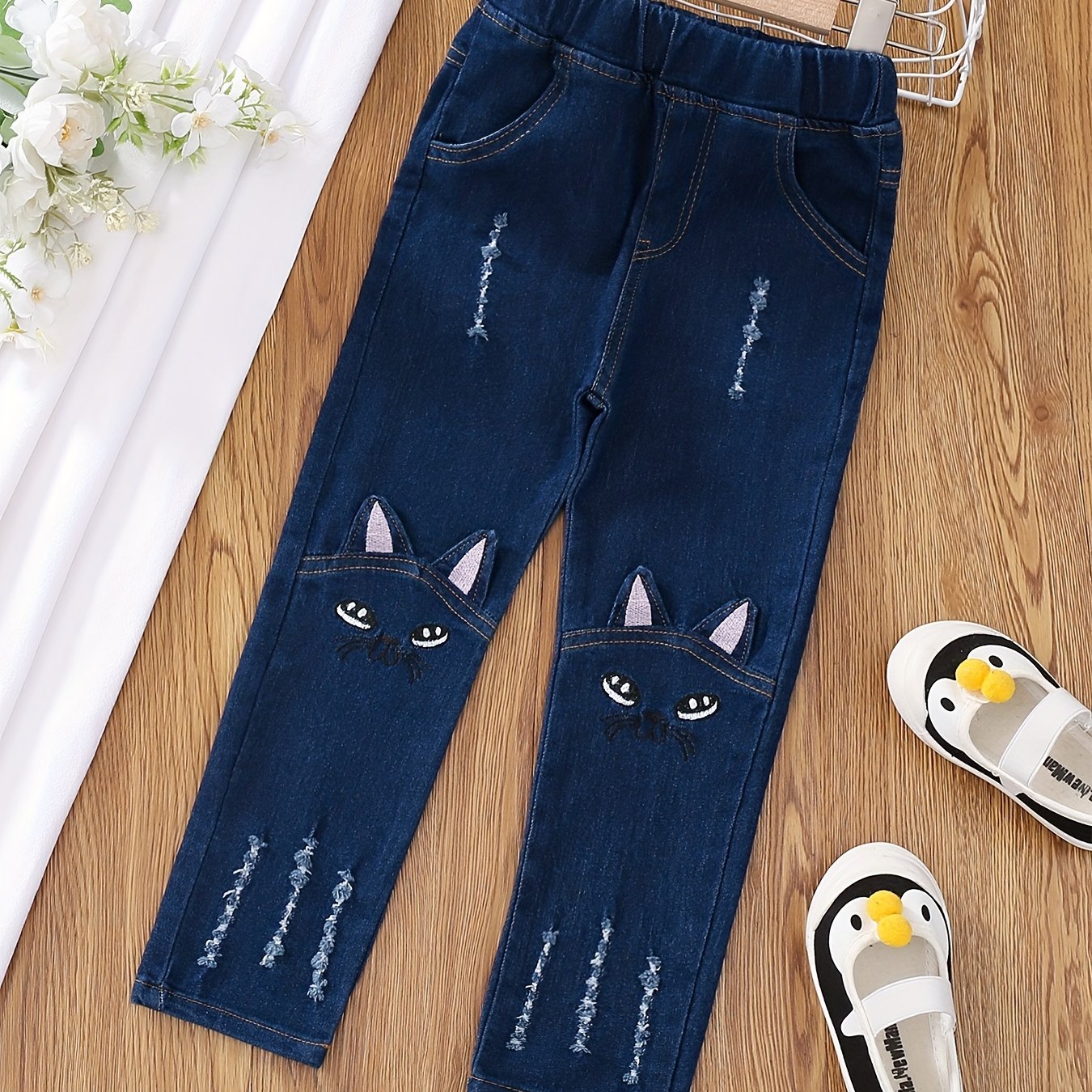 Girls Cartoon Embroidered Denim Trousers