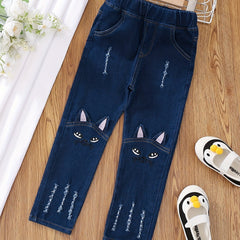 Girls Cartoon Embroidered Denim Trousers