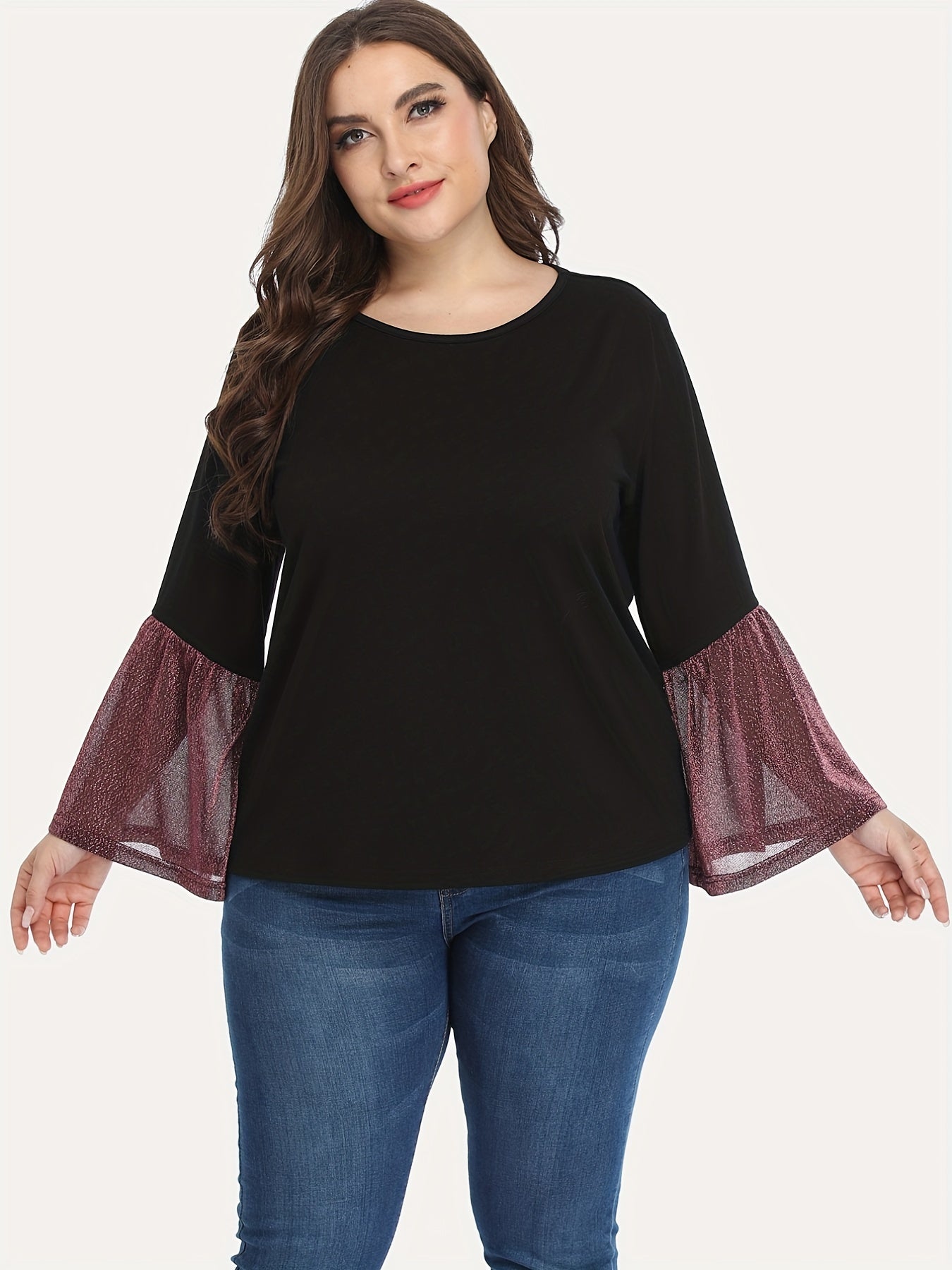 Colorblock Glitter Bell Sleeve Round Neck Top