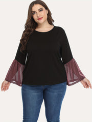 Colorblock Glitter Bell Sleeve Round Neck Top