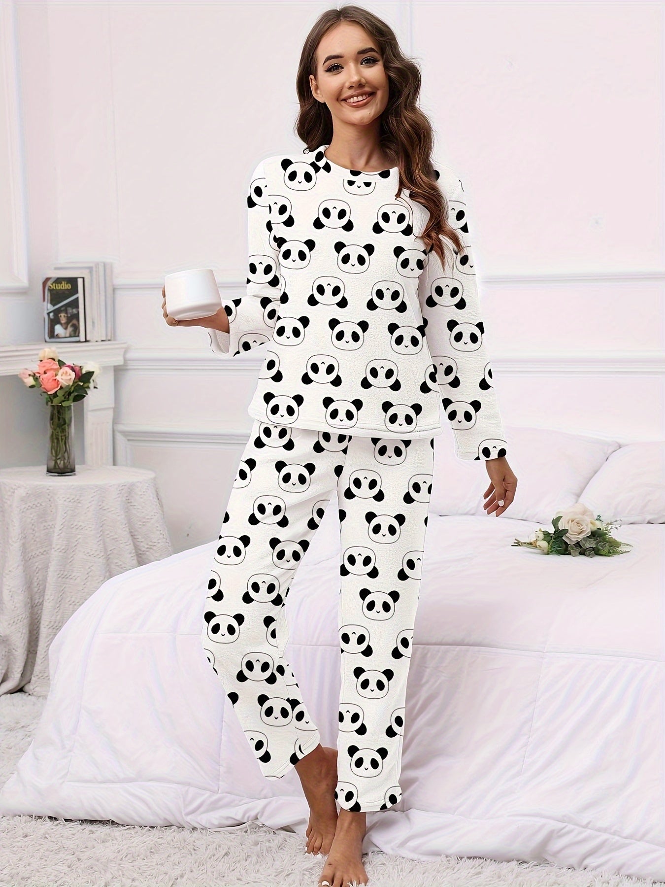 Panda Print Pajama Set Long Sleeve Top & Elastic Waistband Pants