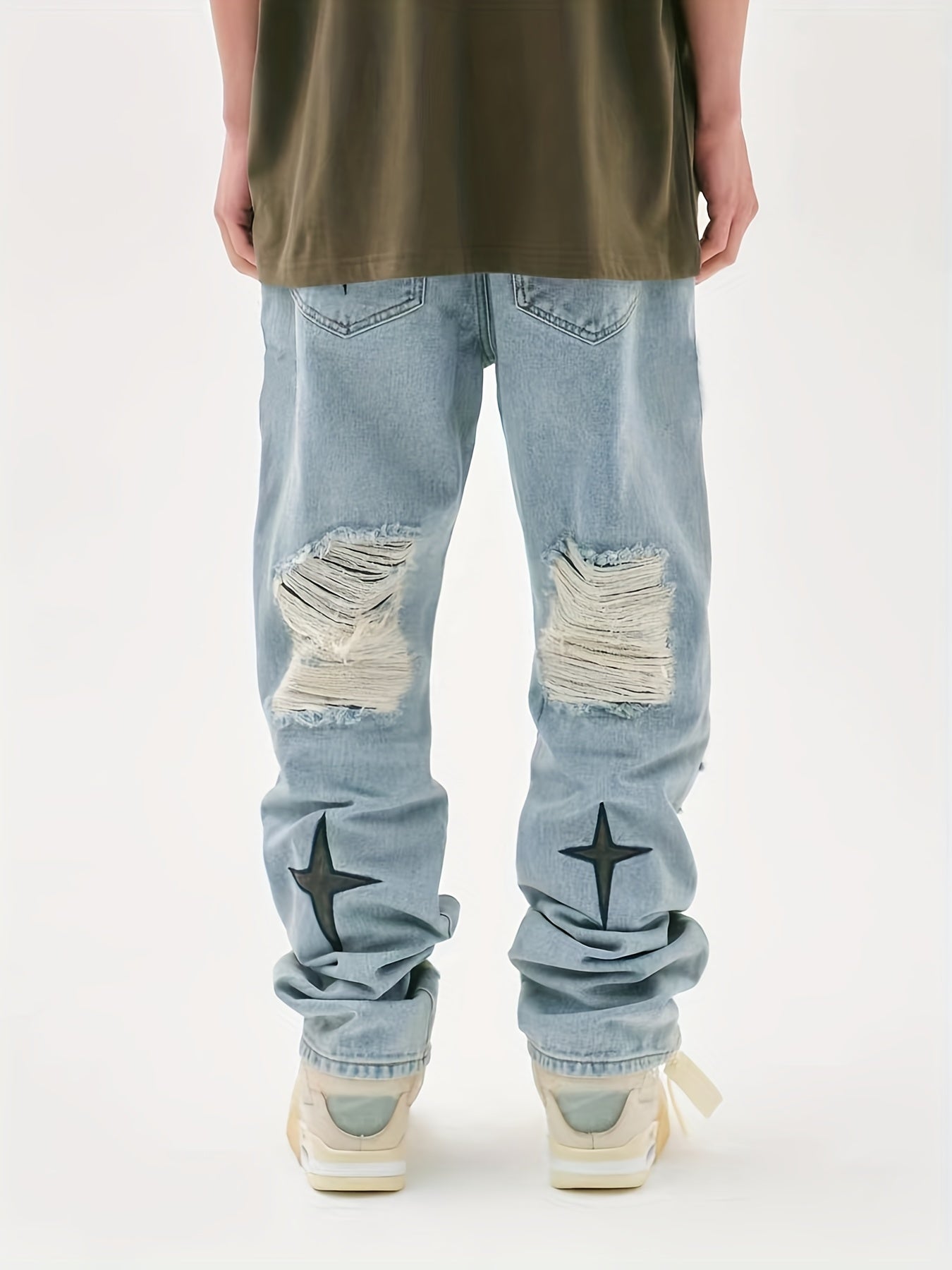 Star Pattern Ripped Jeans Men s Casual Street Style Denim Pants