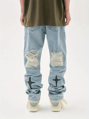 Star Pattern Ripped Jeans Men s Casual Street Style Denim Pants