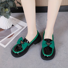 Bowknot Loafers Chunky Heel Faux Leather Shoes